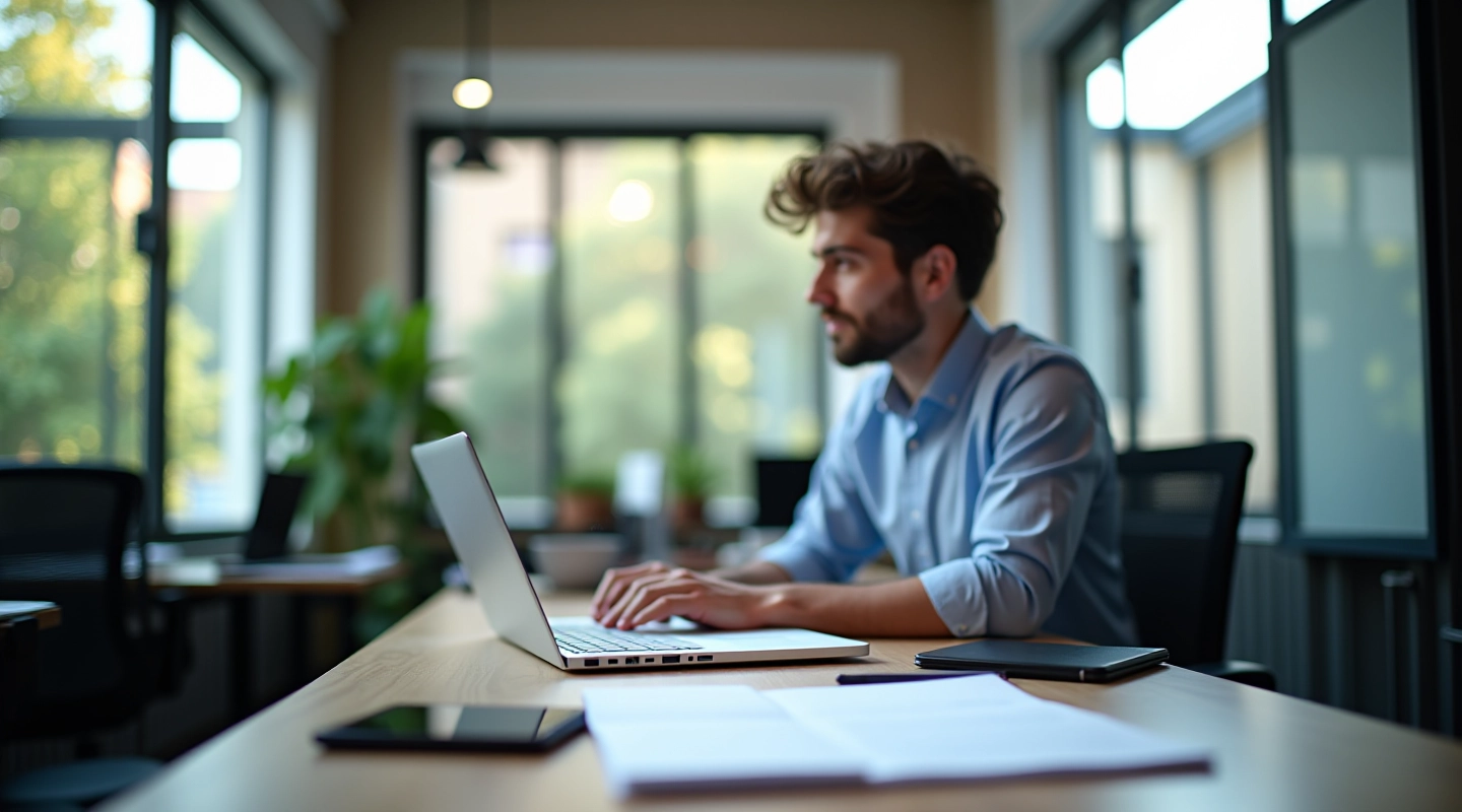 Espaço de trabalho editorial moderno com jornalista desenvolvendo conteúdo