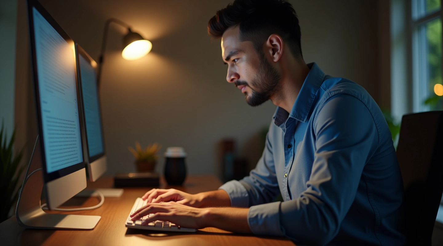 Teclado de computador com tela brilhante mostrando texto sendo editado em tempo real